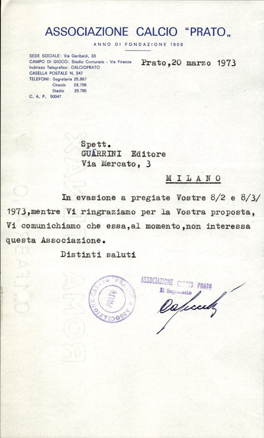 carta intestata societ� sportiva Prato Associazione Calcio 1973