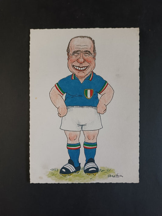 Cartolina Caricatura Silvio Berlusconi maglia Italia Forattini