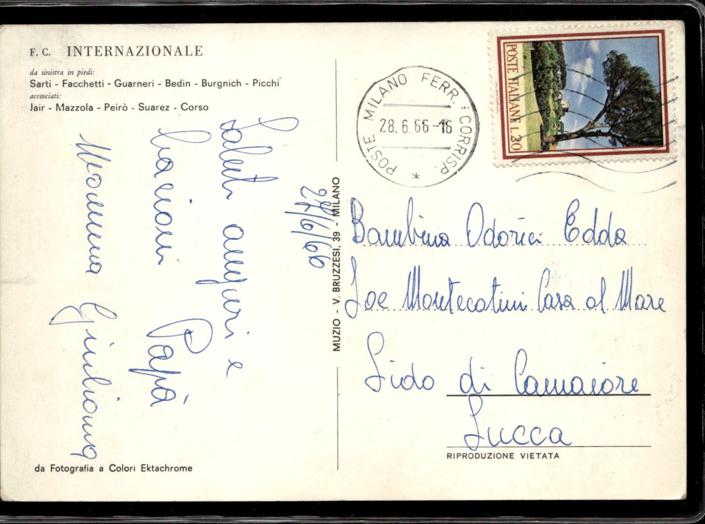 cartolina postcard calcio Squadra Internazionale 1966 Facchetti Mazzola Suarez