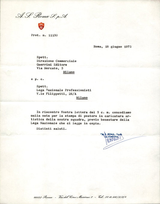 carta intestata societ� sportiva A.S. Roma SpA  1973 02