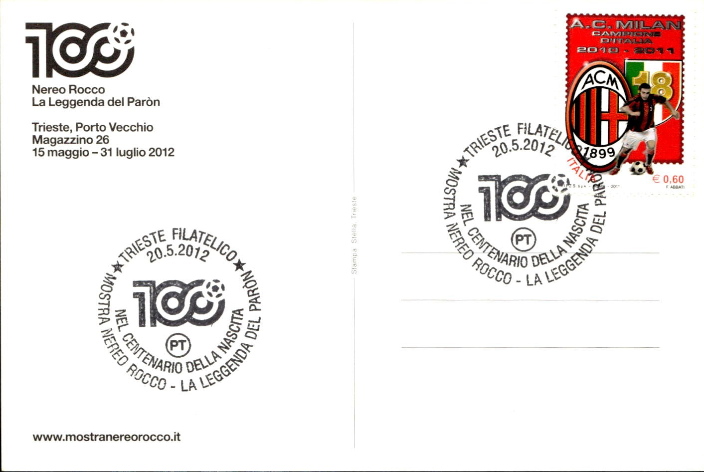 cartolina postcard calcio Milan 100 Nereo Rocco 2012 (6