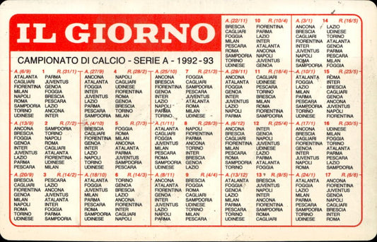 cartolina calciatori Calendario serie A 1992/93
