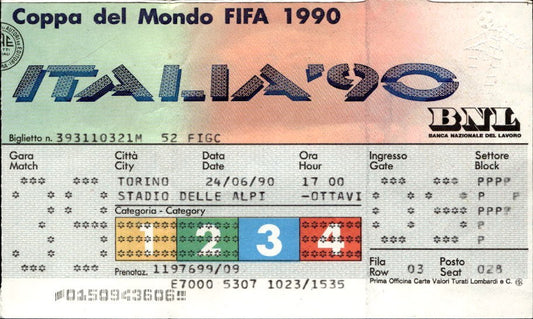 Biglietto Coppa del Mondo Italia '90 Brasile Argentina 1/8 finale Maradona