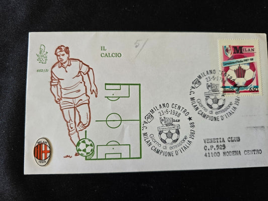 A.C. Milan 1899  cartolina  francobollo con annullo  1987/88 Campione d'Italia