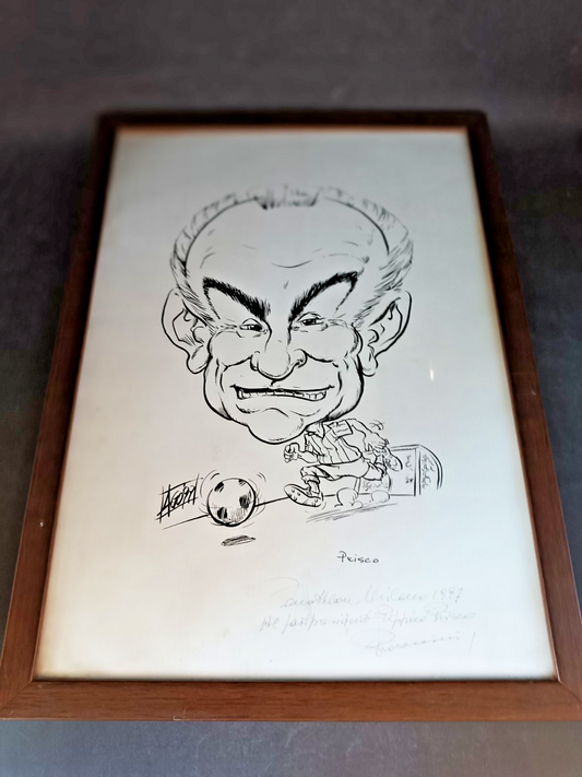 quadro incorniciato con caricatura PRISCO con dedica autografa (35x45 cm circa)
