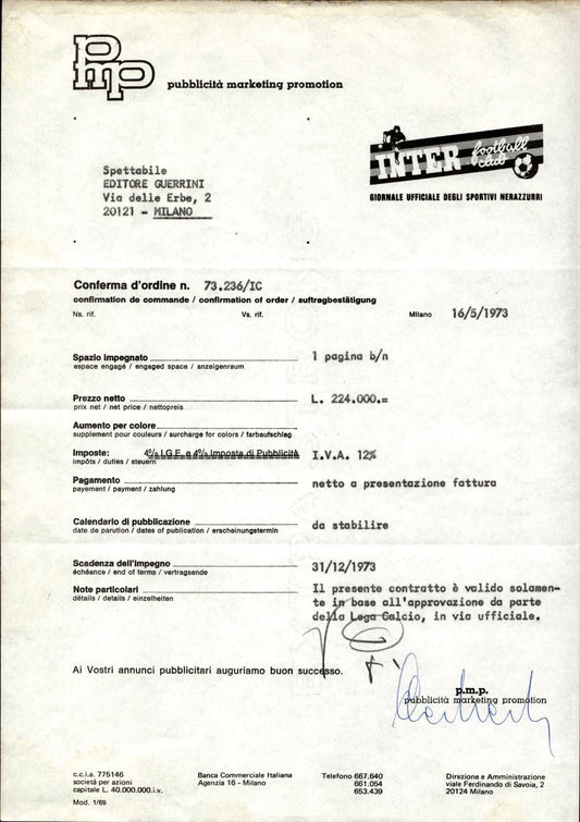 carta intestata societ� sportiva Inter Football Club 1973