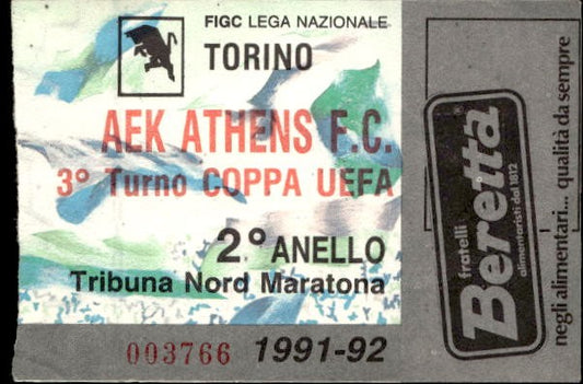 Biglietto stadio Torino-Aek Athens F.C Coppa Uefa 1991-92