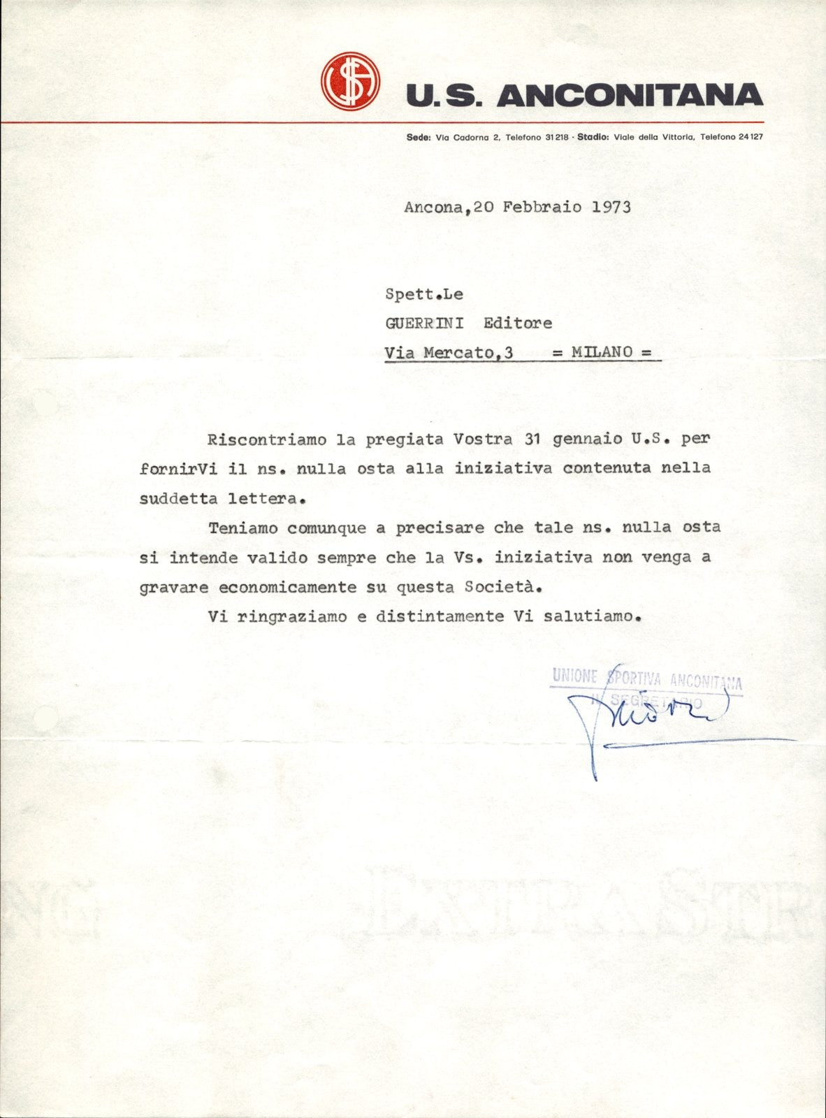 carta intestata societ� sportiva U.S. Anconitana 1973