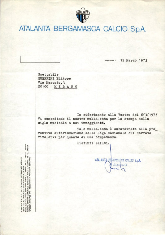 carta intestata societ� sportiva Atalanta Bergamasca Calcio Spa 1973