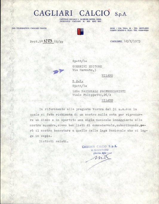 carta intestata societ� sportiva Cagliari Calcio Spa 1973 04