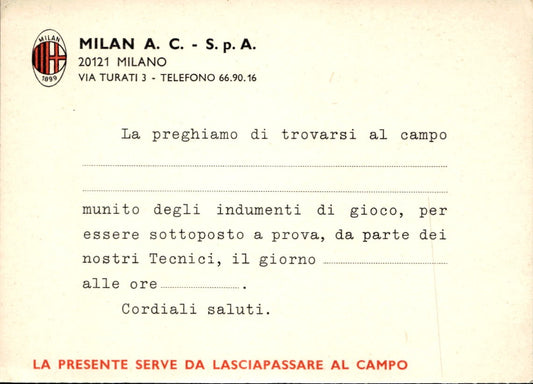 Cartolina Milan A.C Lasciapassare al campo anni '60 intonso
