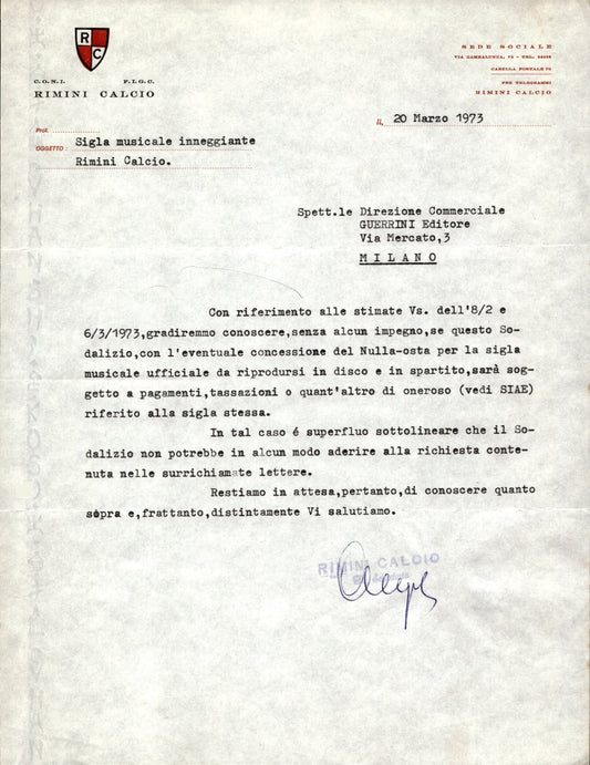 carta intestata societ� sportiva Rimini Calcio 1973