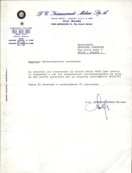 carta intestata societ� sportiva Internazionale Milano Spa