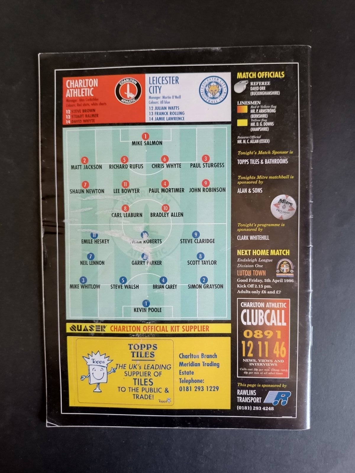programma calcio Charlton Athletic vs Leichester City 1996