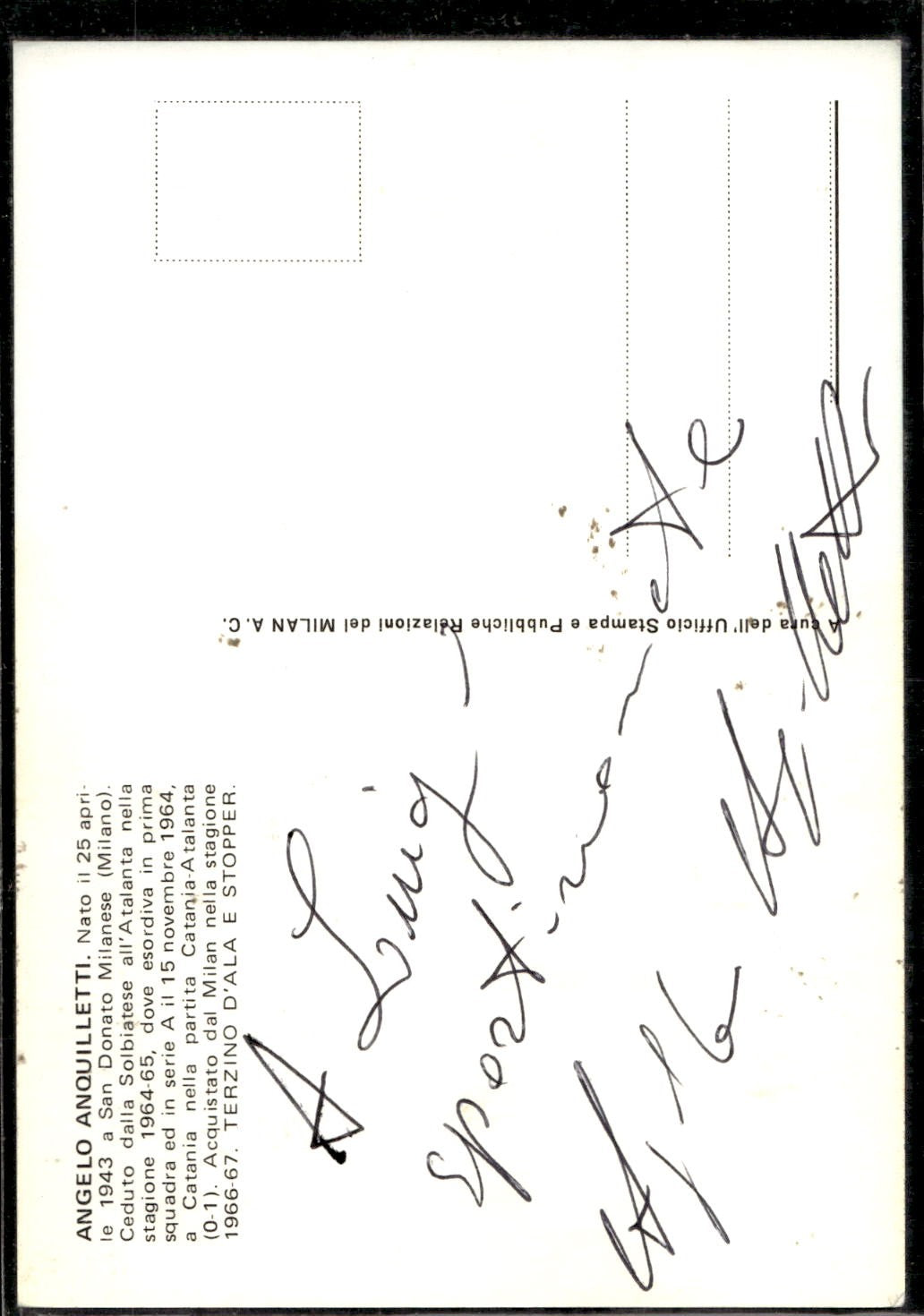 cartolina postcard Calcio Milan Tepa Sport Angelo Anquiletti Dedica e Autografo