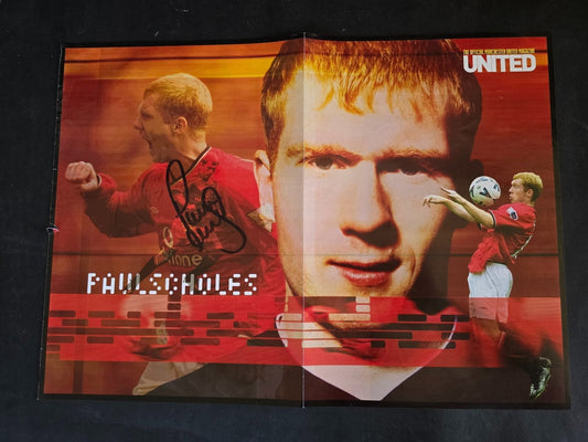 Autografo autograph originale su poster doppia pagina Paul Scholes Manchester C.