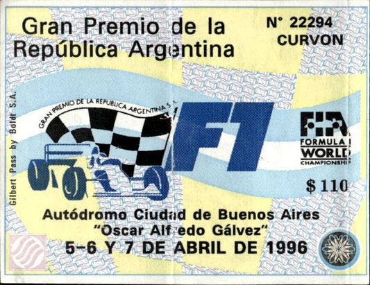 biglietto stadio GRAN PREMIO DE LA REPUBLICA ARGENTINA 5-6-7 APRILE 1996 F1