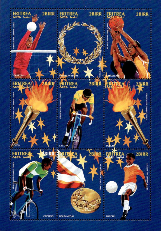 Foglio Francobollo filatelico Eritrea volleyball, basketball, cycling, soccer