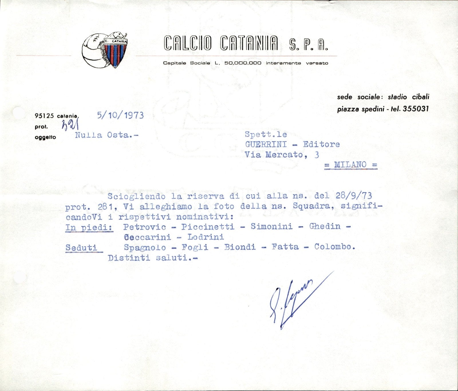 carta intestata societ� sportiva U.S. Catania Spa 1973 02
