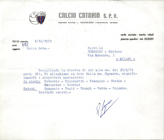 carta intestata societ� sportiva U.S. Catania Spa 1973 02