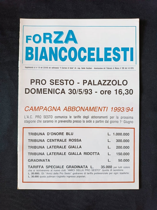 programma FORZA BIANCOCELESTI Pro Sesto- Palazzolo - 30 maggio 1993