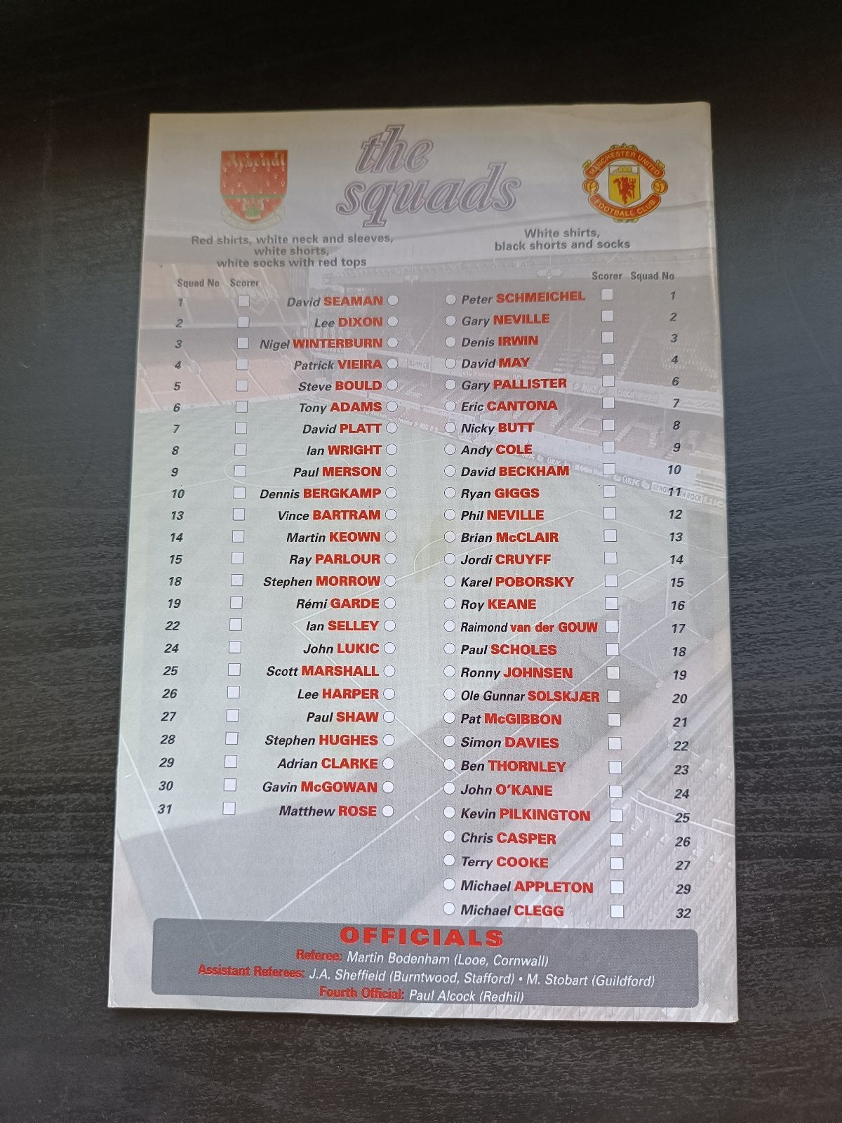 programma calcio Arsenal V Manchester United 19th 1996