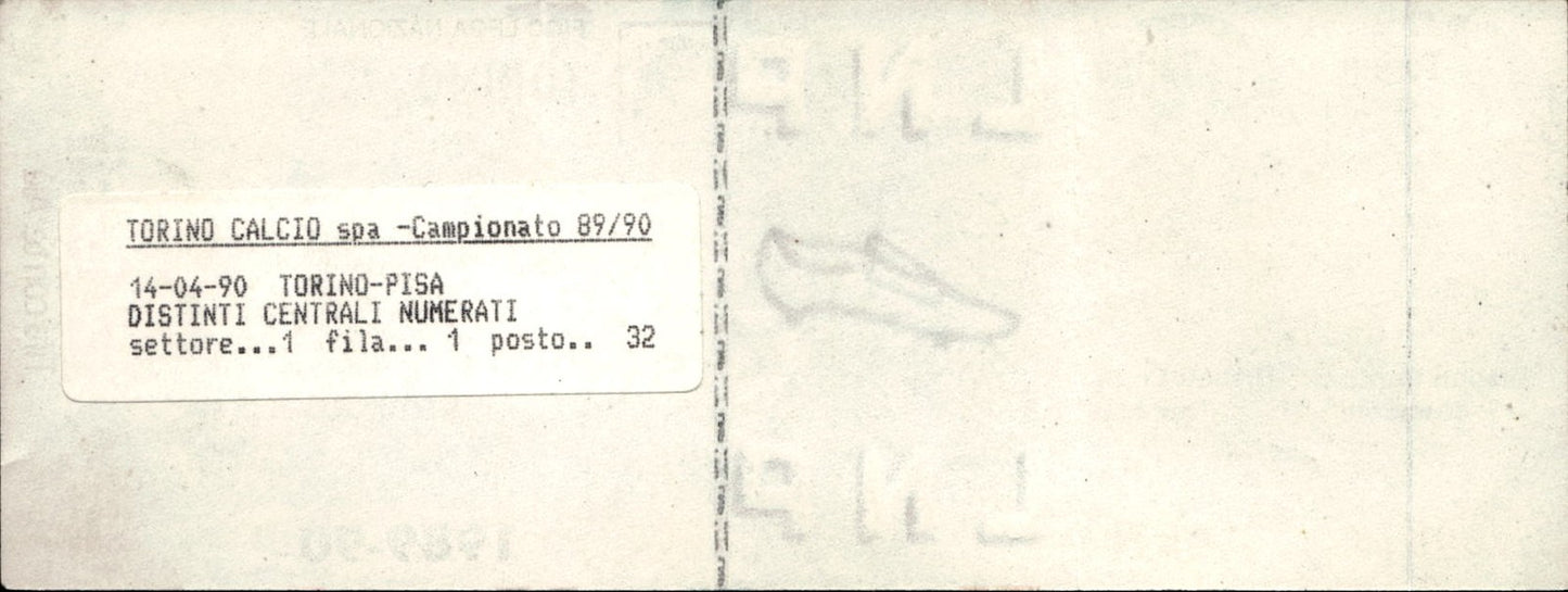 biglietto Ticket Stadio Torino Pisa 1989-90