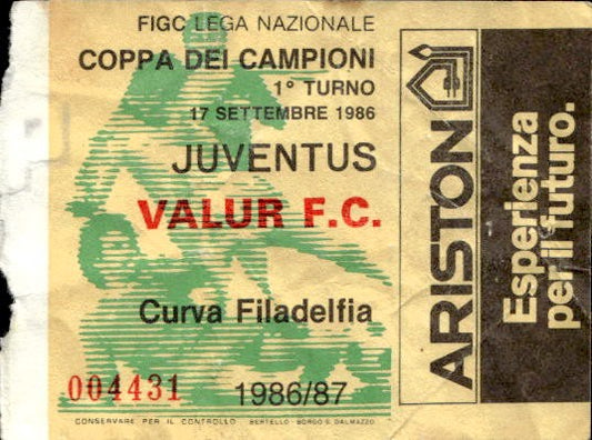 Biglietto stadio Juventus-Valur F.C Coppa dei campioni 1986/87 17/09/1986
