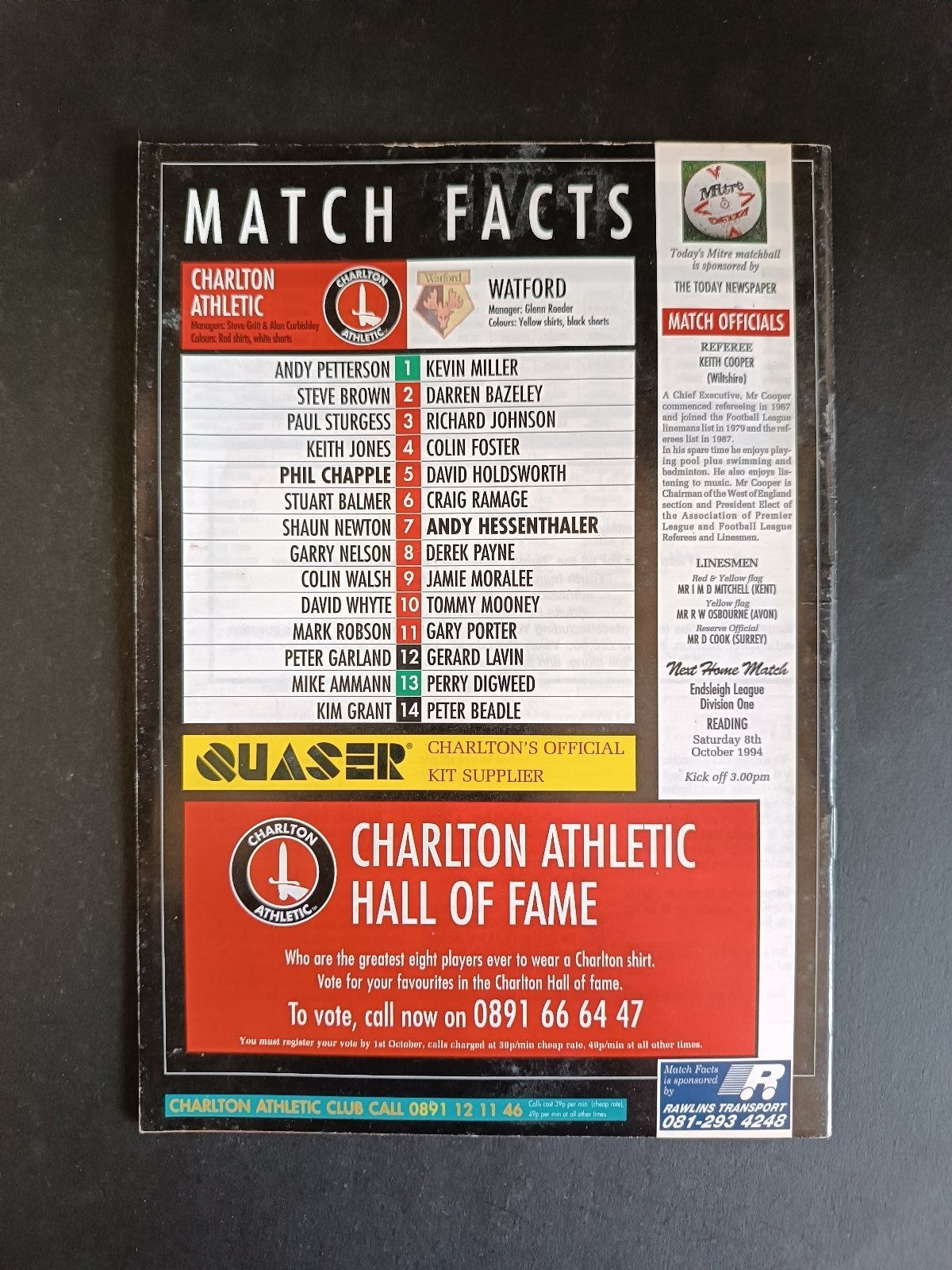 programma calcio Charlton Athletic vs Watford 1994