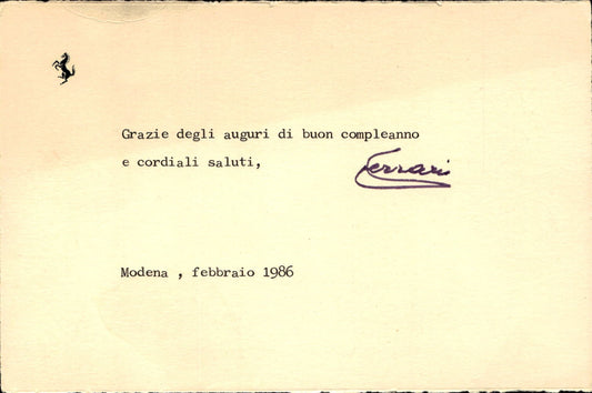 cartolina postcard automobilismo ringraziamento auguri Ferrari Modena 1986