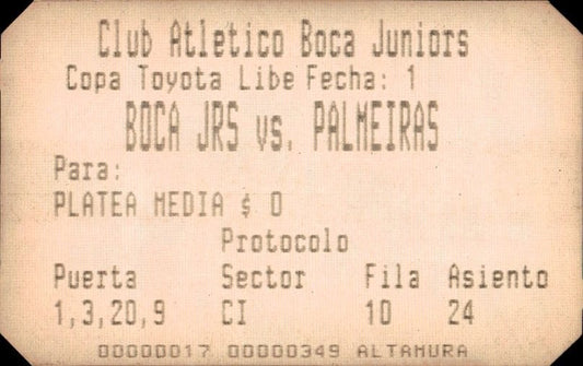 biglietto stadio BOCA JRS VS PALMEIRAS N 349