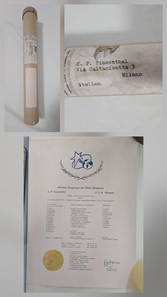 PERGAMENA originale 1966 inviata alla S.P. SIMMENTHAL  SuperCoppa  basket