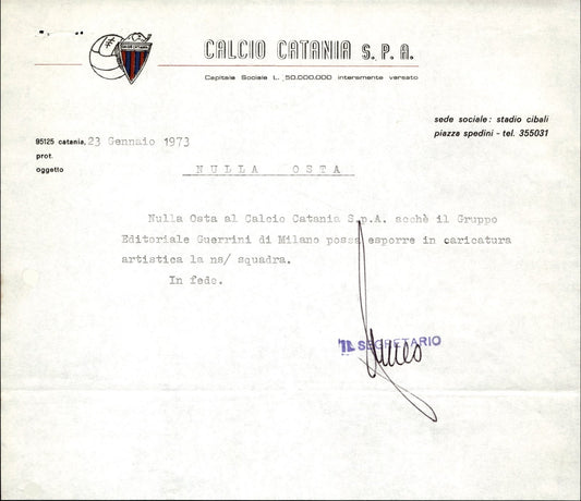 carta intestata societ� sportiva U.S. Catania Spa 1973 05