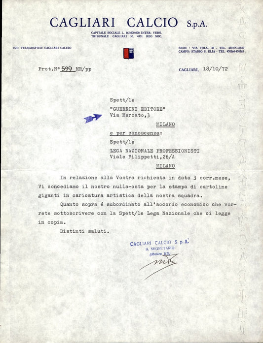 carta intestata societ� sportiva Cagliari Calcio Spa 1973 06