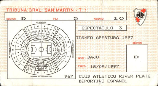 biglietto stadio CLUB ATLETICO RIVER PLATE 18/09/1997