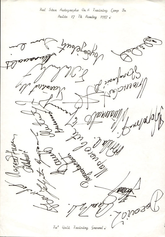 foglio con autografi orginali Red Star Malta 1997