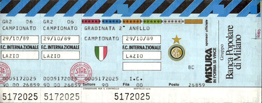 biglietto stadio CAMPIONATO F.C INTERNAZIONALE LAZIO 29/10/89