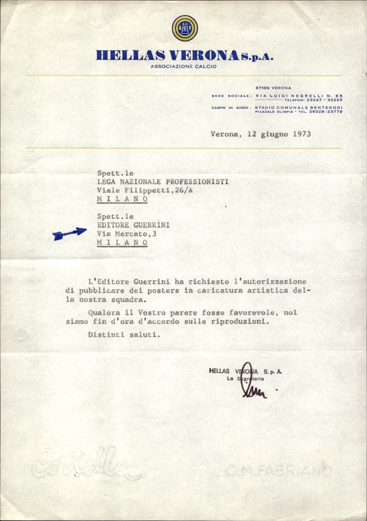 carta intestata societ� sportiva Hellas Verona 1973 01