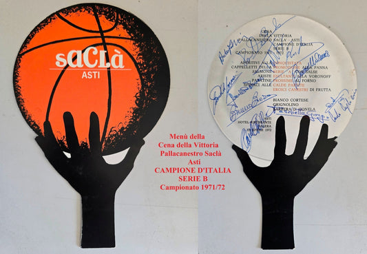 Menu' Cena  vittoria Campionato Serie B SACLA' Asti Basket 1971/72 Autografato