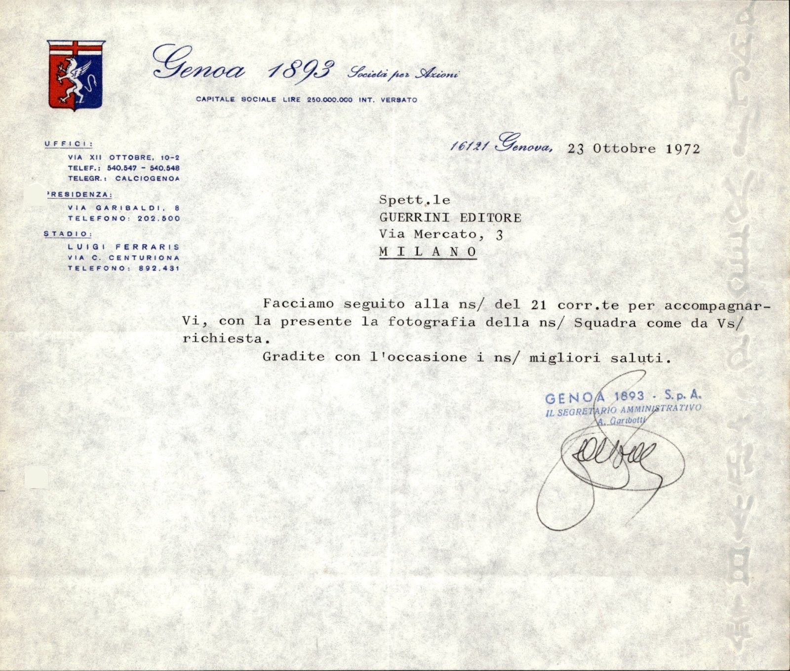 carta intestata societ� sportiva Genoa 1893 1972 01