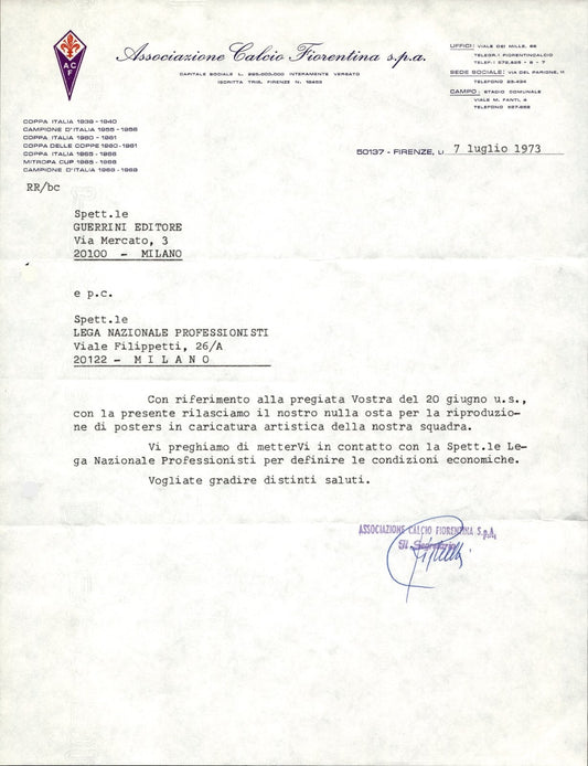 carta intestata societ� sportiva Calcio Fiorentina Spa 1972 02