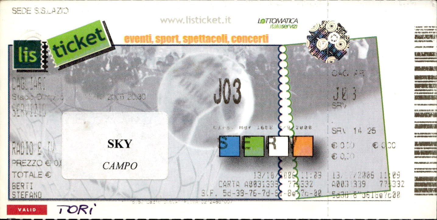biglietto Ticket Stadio S.S Lazio Cagliari 2006