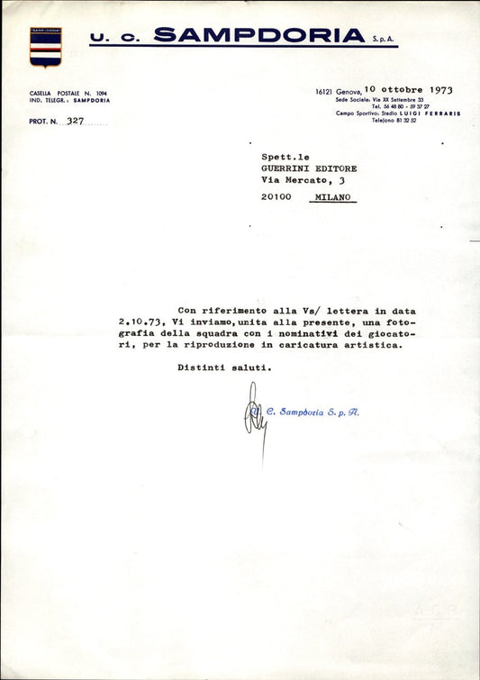 carta intestata societ� sportiva U.C. Sampdoria SPA 1973 02