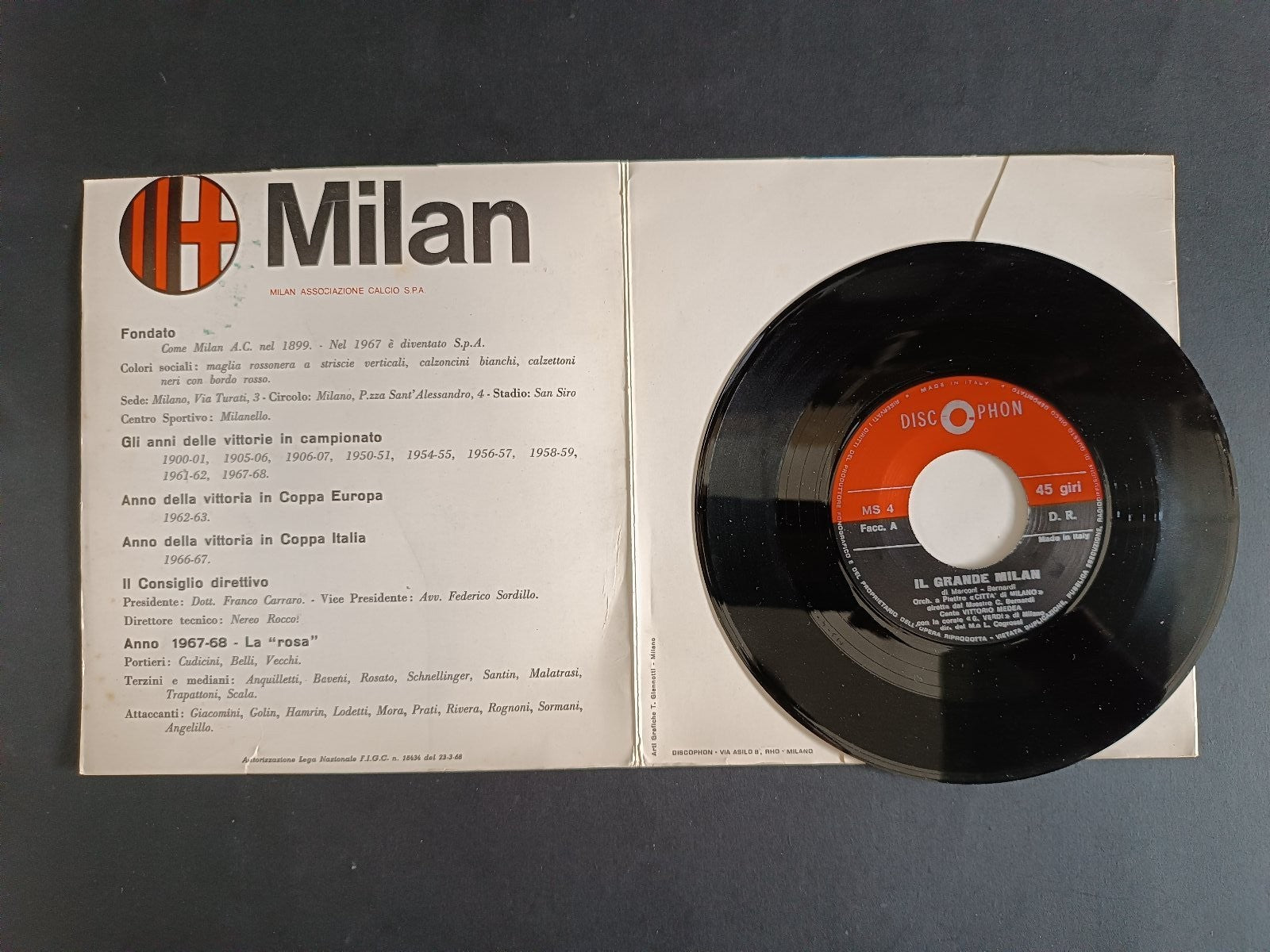 46 giri Milan 1967-68 Il grande Milan discophon