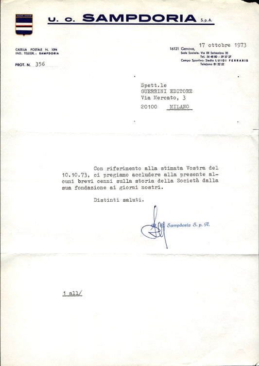 carta intestata societ� sportiva U.C. Sampdoria SPA 1973 01