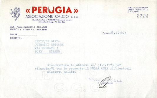 carta intestata societ� sportiva Perugia Associazione Calcio 1973