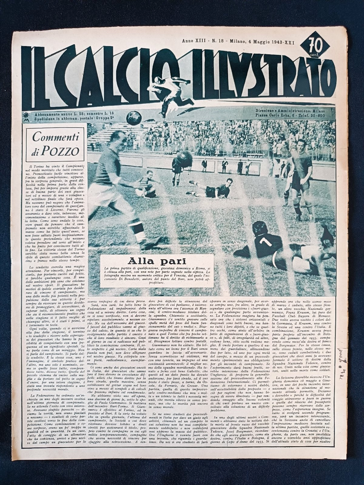 rivista IL CALCIO ILLUSTRATO anno 1943 numero 18 Venezia - Roma