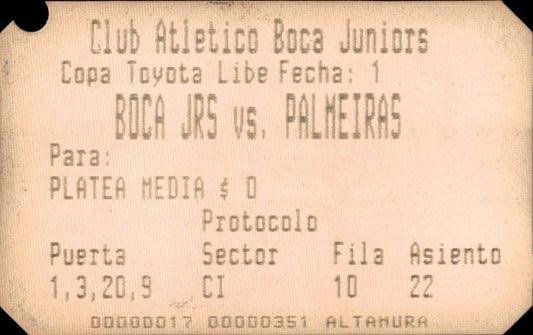 biglietto stadio BOCA JRS VS PALMEIRAS N 351