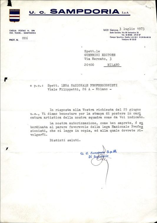 carta intestata societ� sportiva U.C. Sampdoria SPA 1973 04