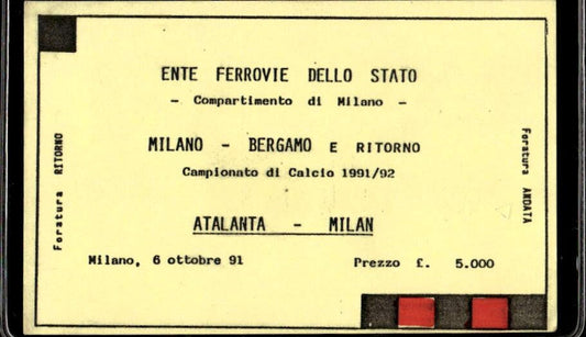 Biglietto Ente Ferrovie dello Stato Milano-Bergamo campionato calcio 1991/92